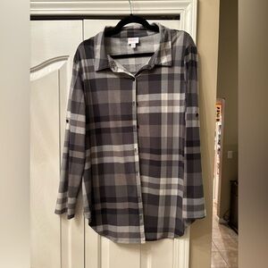Lularoe Valentina Black and Gray Plaid Button-Up Shirt